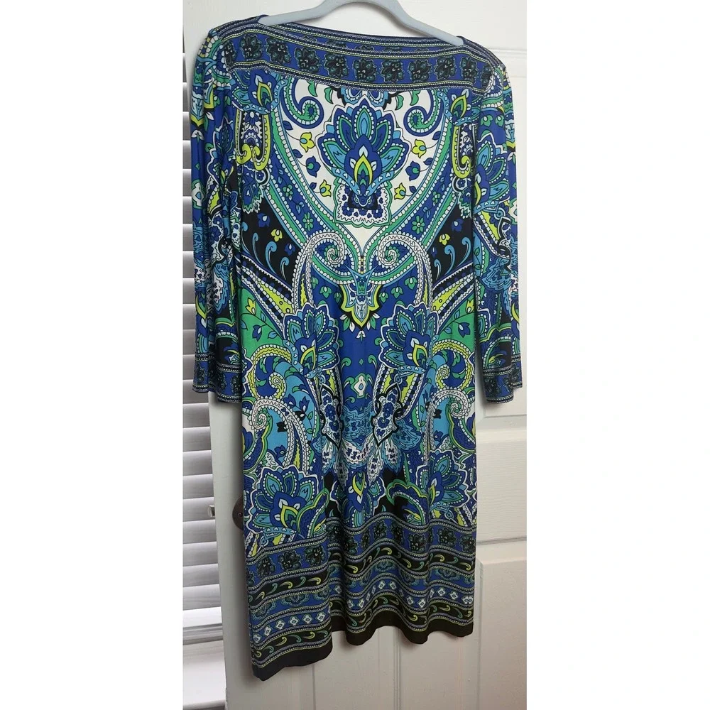 Sandra Darren Women Blue Green Paisley Print Boat  3/4 Sleeve Sheath Dress 6 256 - Picture 3 of 5